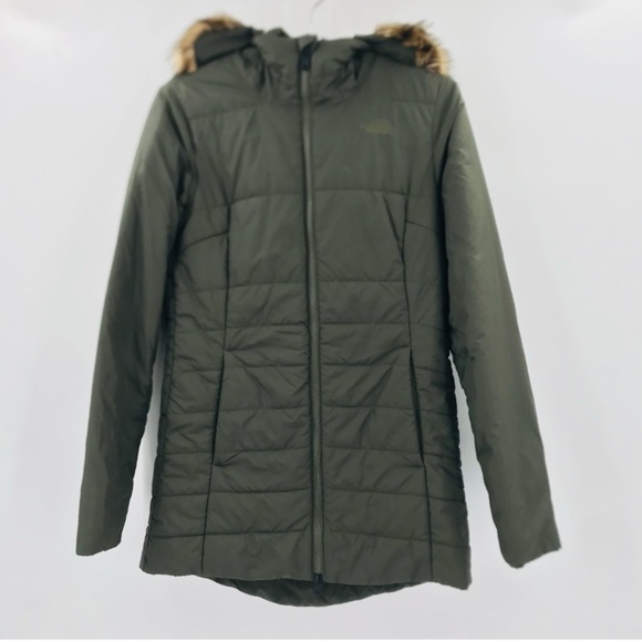 The North Face Women's Parka Coat Dark Green Faux Fur Hood Size Small - Picture 1 of 6